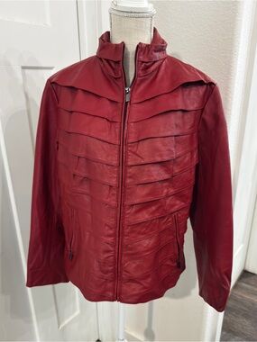 Neiman Marcus Exclusive Red Tiered Pleated Leather Jacket XL
